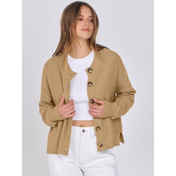 Women Knit Cardigan Sweater Open Front Button Long Sleeve Cropped Jacket - Picture 4 of 7